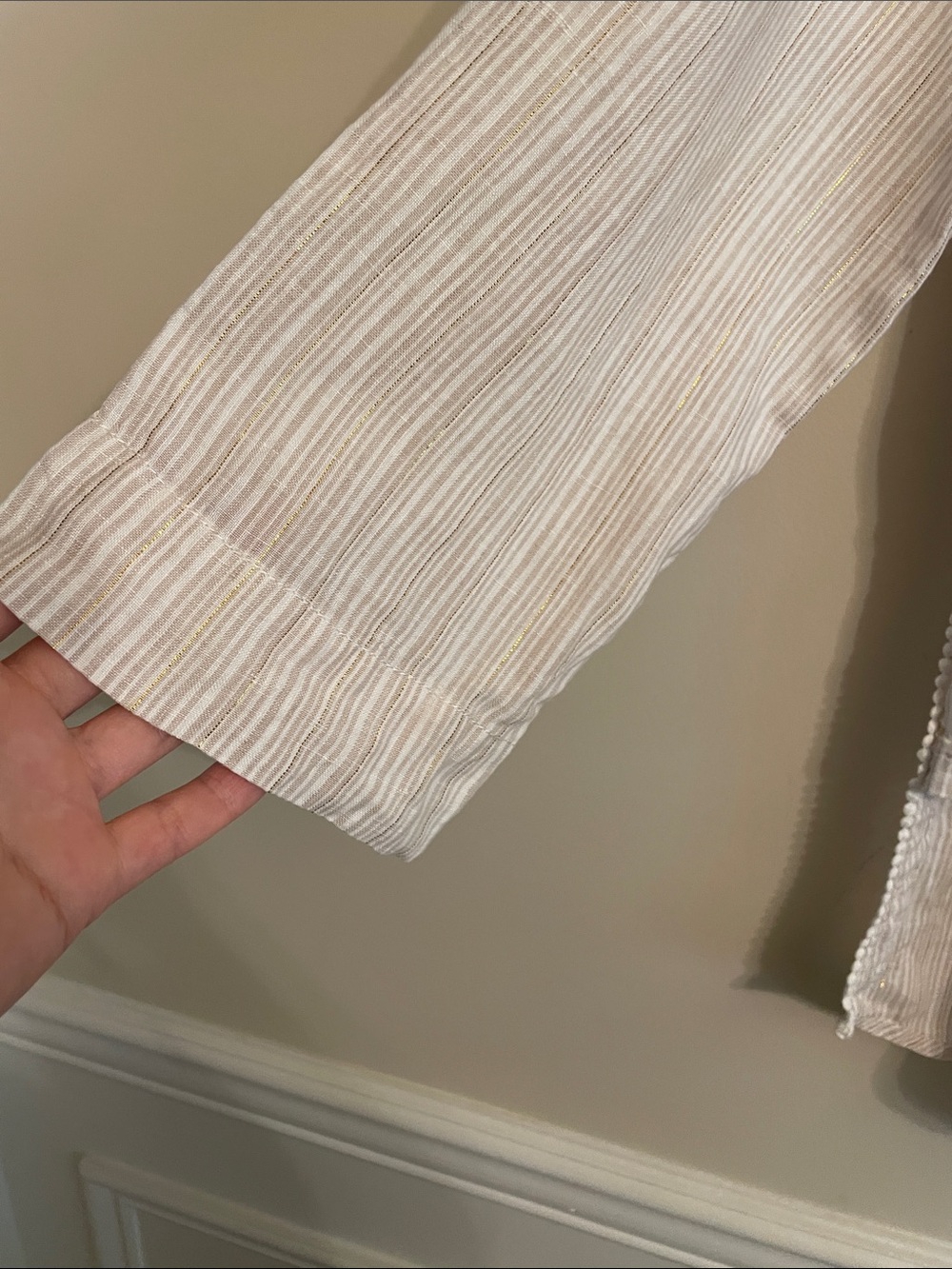 Antibes Blanc Linen Blend Tunic Shirt Women’s XL Beige Gold Stripe Button Front - Picture 5 of 11